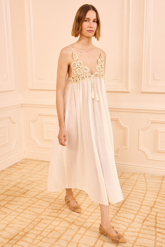 Creme Cotton Gauze Zadie Coverup Dress, Crochet Bodice - Three-Quarter View | Ulla Johnson