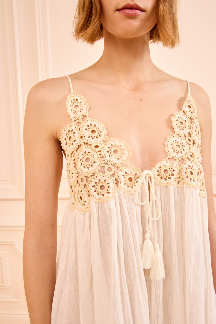Zadie Coverup Dress - Hand-Crocheted Floral Bodice & Tassel Tie Close-Up | Ulla Johnson