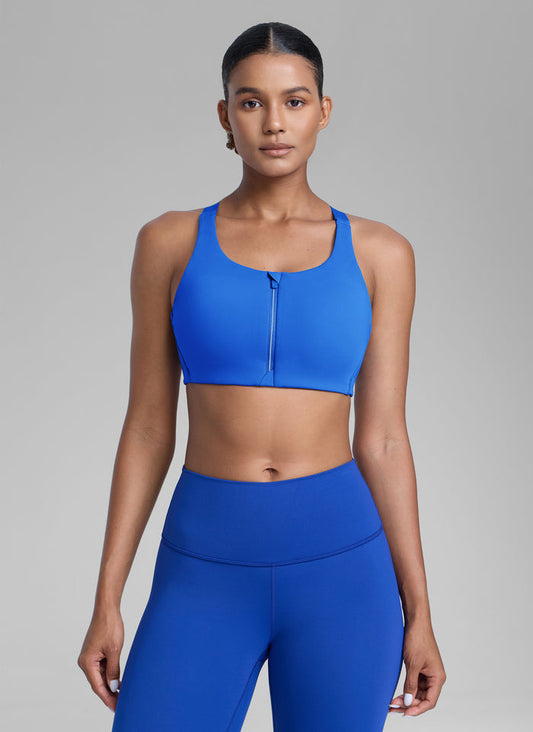 CRZ YOGA Womens Zip Front High Impact Sport Bra with Adjustable Straps Sparkle Blue