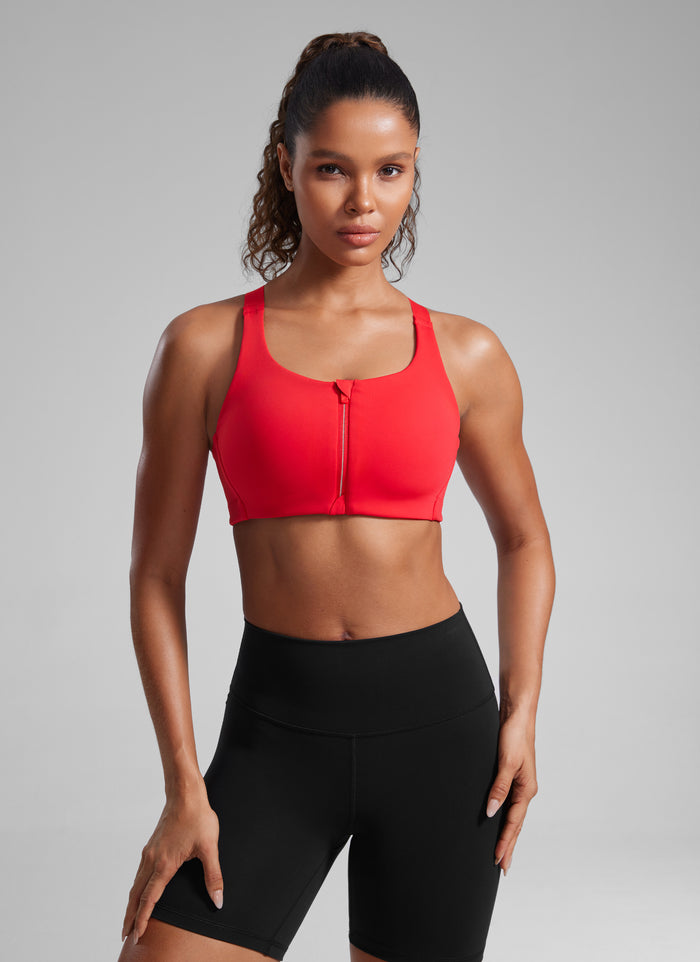 CRZ YOGA Womens Zip Front High Impact Sport Bra with Adjustable Straps Deep Red