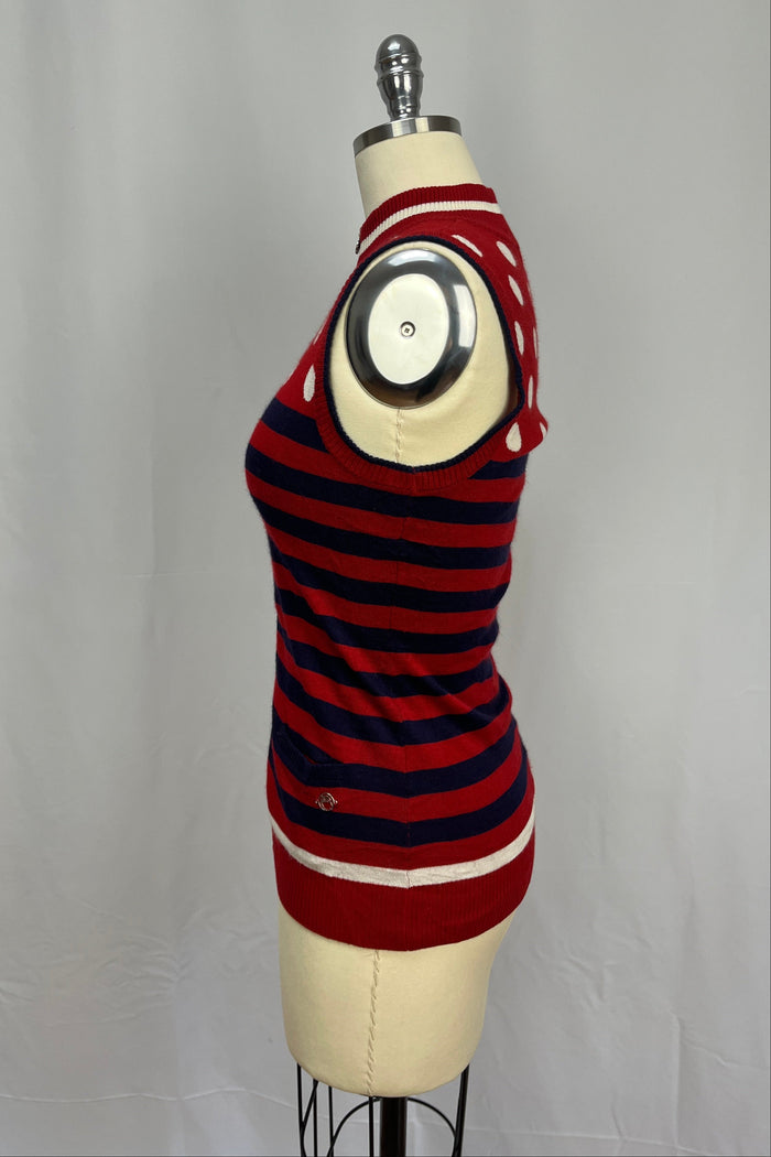 A red and navy blue striped knit top displayed on a cream-colored dress form mannequin against a light gray fabric backdrop.