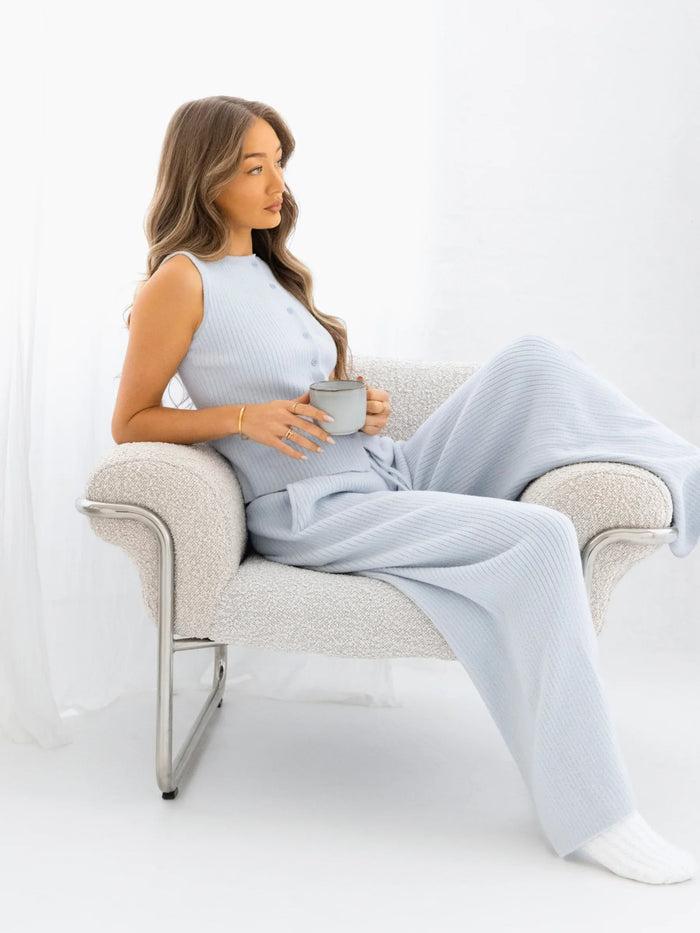Zoey Ribbed Wide Leg Trousers - Baby Blue