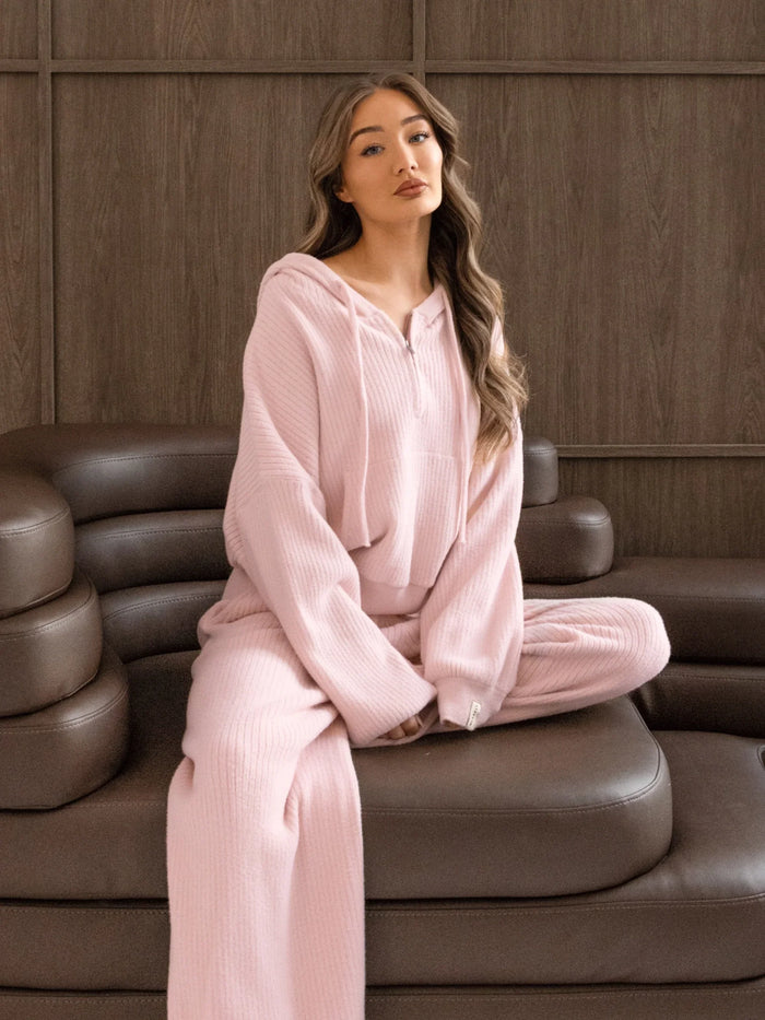 Zoey Ribbed Wide Leg Trousers - Baby Pink
