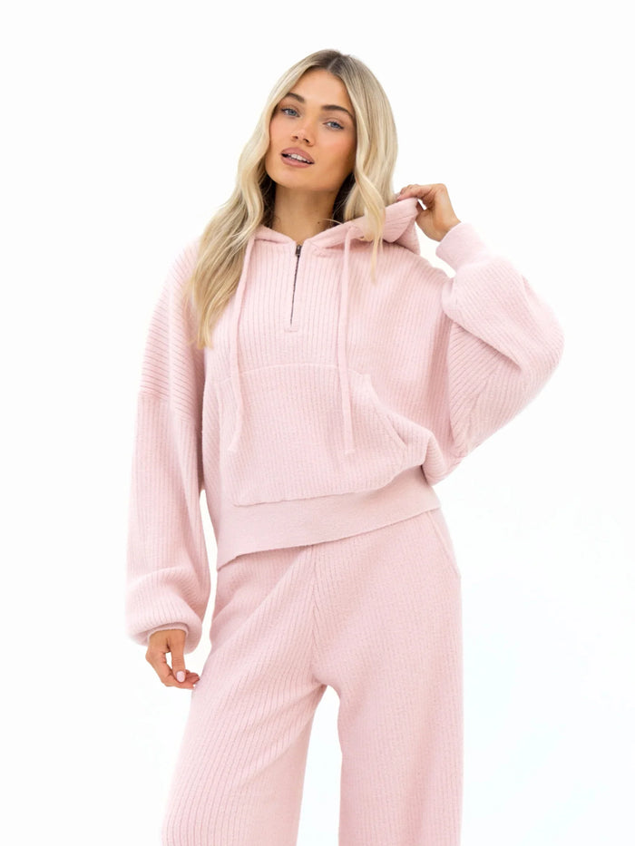 Zoey Ribbed Wide Leg Trousers - Baby Pink