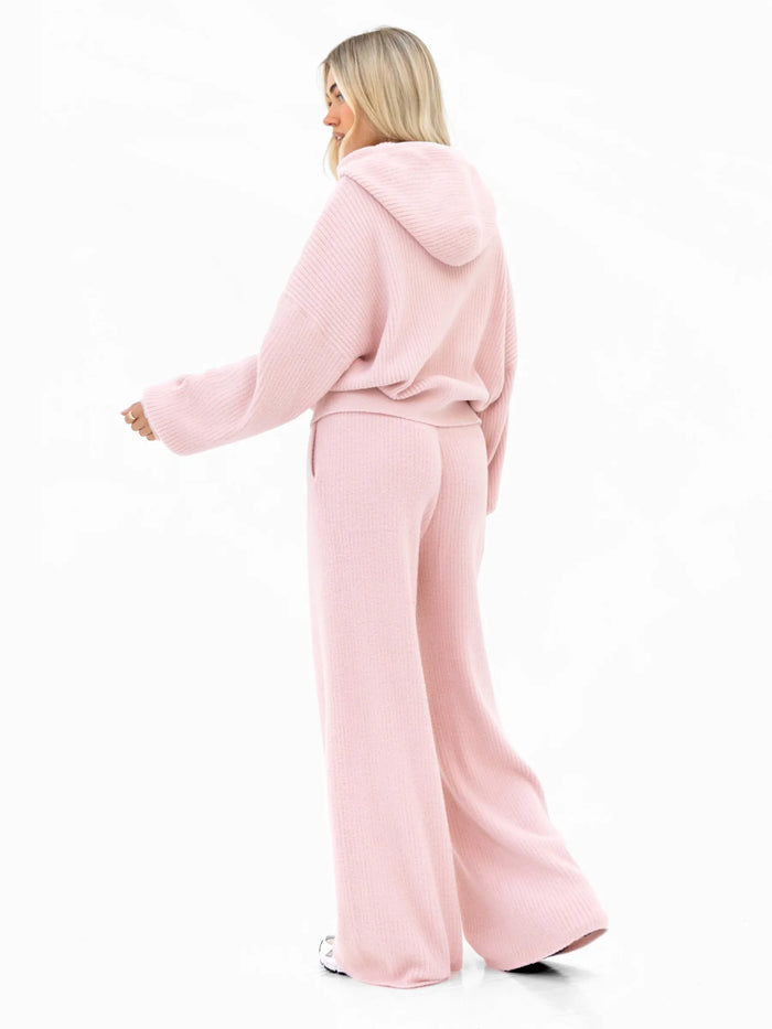 Zoey Ribbed Wide Leg Trousers - Baby Pink